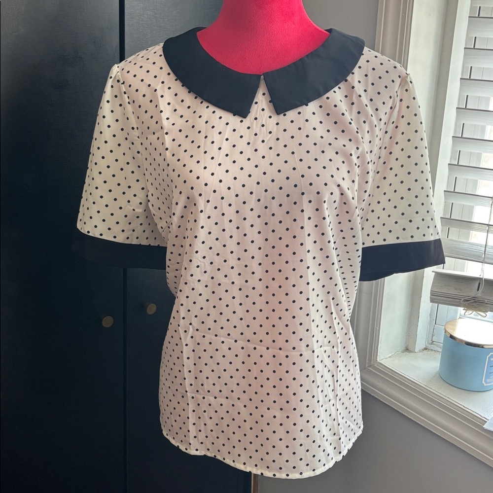 Allegra K Polka Dot Women's Top with Black Peter Pan Collar